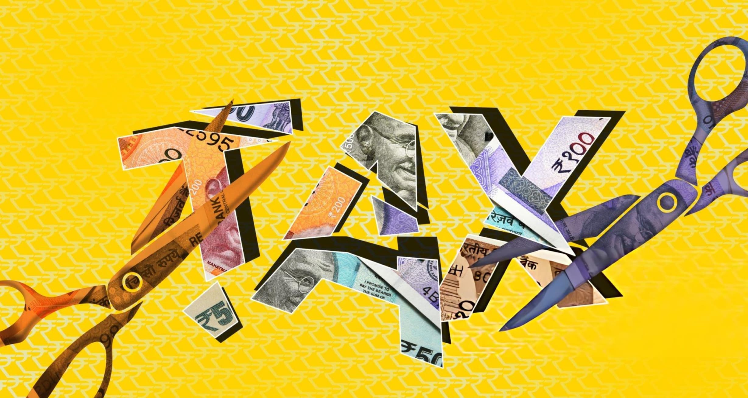 A collage of Indian rupee notes arranged to spell the word TAX